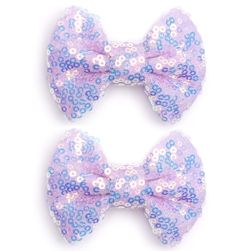 KISZU 3 Inch Glitter Hair Bows Clips, Sparkling Sequin Little Bow HairPins for Baby Girls Children Teens and Women (Light Purple)