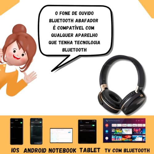 Fone de ouvido abafador headset sem fio, bluetooth 5.3, entrada para cartão de memória, e rádio FM