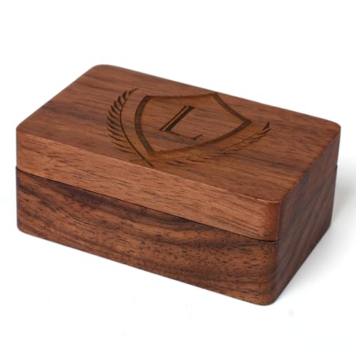 Image of Mens Initial Cufflinks and Tie Clip A-Z Alphabet Letter Black Stainless Cuff Links Tie Bar with Engraved Walnut Wood Box Groom Groomsman Wedding Set