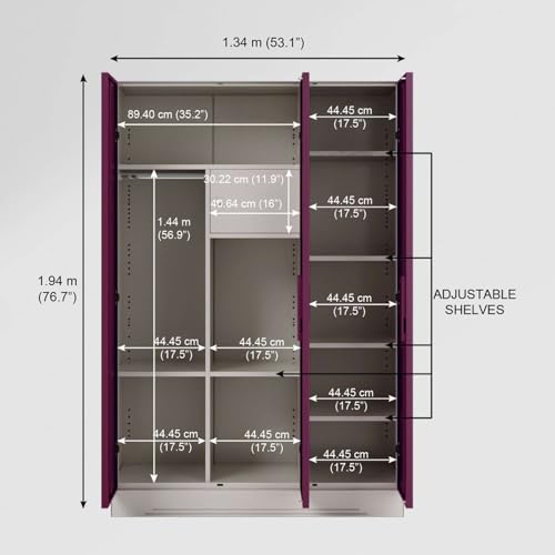 Image of Interio by Godrej Almirah Slimline 3-Door Steel Almirah, Cupboard for Clothes (Purple), 1-Year Warranty, 7 Shelves, 1 Locker, Star Design Mirror