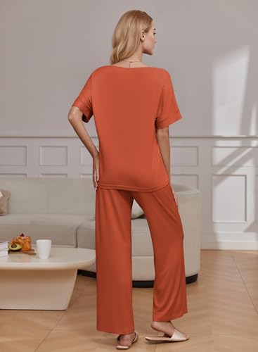 Image of Ekouaer Pajama Sets for Women 2 Piece Lounge Set Short Sleeve Tops and Long Pants Soft Comfy Pjs Sleepwear Outfits S-XXL