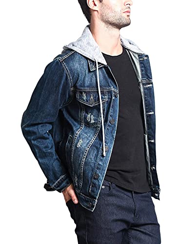 Hoodie Layered Distressed Denim Jacket with Removable Hood DK109 - Dark Indigo - 4X-Large4