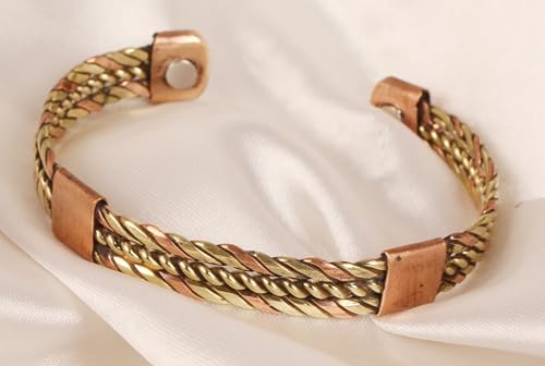 Image of Touchstone Handcrafted Braided Copper Brass Multi Layer Magnetic Hand Forged With Solid High Gauge Tibetan Minimalistic Elegance Bracelet In Two Tones For Men And Women.