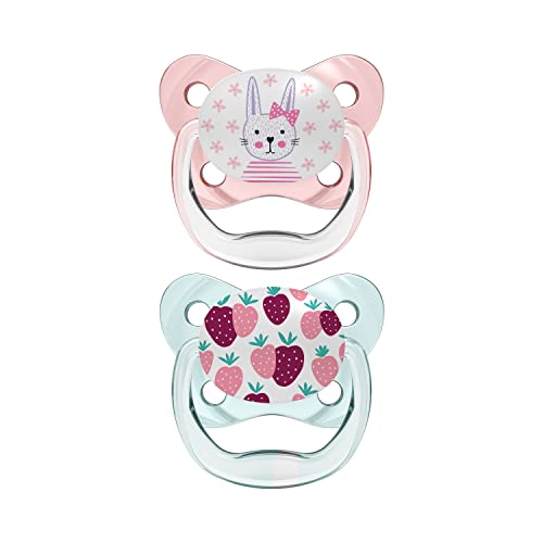 Image of Dr. Brown's Prevent Orthodontic Baby Pacifier, Suction Free Air Channel, Contoured Butterfly Shield is Gentle on Face, Made in USA, Stage 1, 0-6m, 2-Pack, Pink