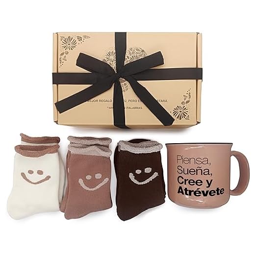 Set de Regalos Originales para Mujer con Calcetines Calentitos y con Carita Feliz y Taza Inspiradora " Piensa, Sueña, Cree y Atrévete " - Perfecto Regalo Cumpleaños Mujer y otras ocasiones