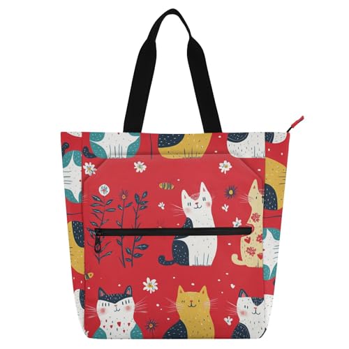 Kids Book Tote for Kids Boys Girls, Cartoon Funny Cat Red Sturdy Library Book Tote Shopping Bag with Zipper Handles for School Shopping Beach Rainbow