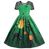 Halloween Costume Women Scary Pumpkin Printed Lace Short Sleeve Waist Big Swing A-Line Dress Humor Halloween Party Costumes Comfy Vintage Female Clothing Disfraz De Halloween para Mujer(Green,S)