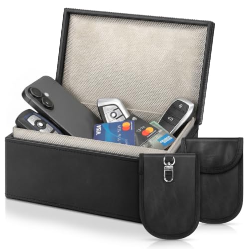 Faraday Box for Car Keys Extra Large 19.3x12.2x9.5cm Signal Blocker Box with 2 Faraday Pouches Holds 15 Keys RFID NFC 4G 5G WiFi Bluetooth Blocking Anti-Theft for Keyless Entry Cars