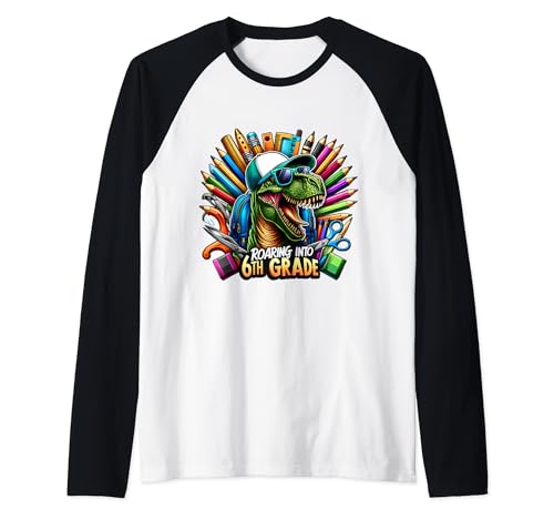 Rugiendo en sexto grado divertido dinosaurio regreso a la escuela 6º Camiseta Manga Raglan