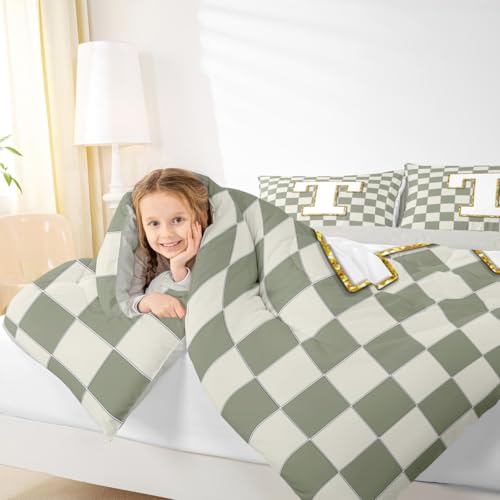 Image of Erosebridal Sage Green Checkered Bedding Set Full Plaid Initial T Comforter Set for Kids Adults Personalized Monogram Down Comforter,Fashion Grids Gingham Quilt Duvet
