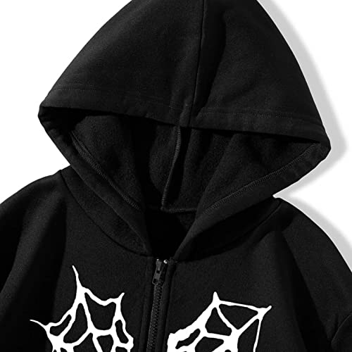 Y2K Hoodies For Women Full Zip Up Print Graphic Pockets Hooded Jacket 90S Long Sleeve Sweatshirt With Hood Grunge Harajuku Streetwear Punk Goth Fall Halloween Windbreaker Spider Web Heart Black #TOP5