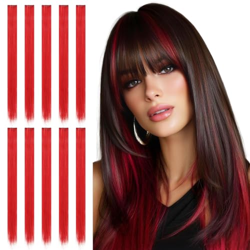 Sofeiyan 10 Pcs Colored Hair Extensions Party Highlights Colorful Clip in Hair Extensions 22 Inch Straight Synthetic Hairpieces for Women Halloween Christmas Cosplay, 10pcs Red