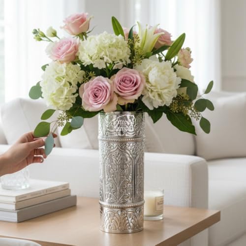 Image of Cylindrical Shape Aluminum Flower Vase for Home Decor, Traditional Embossed Metal Flower Pot for Office Table Decorations,Gift for Festival, 9 inches, German Silver (Large)