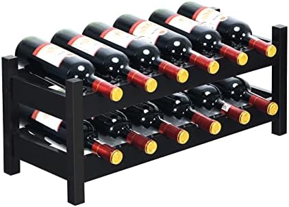 TANGZON 12 Bottle Bamboo Wine Rack, 2 Tier Free Standing Wine Storage Holder with Non-Slip Pads, Retro Style Liquor Display Shelf Organizer for Cabinet Cupboard Countertop Bar & Cellar (Dark Brown)