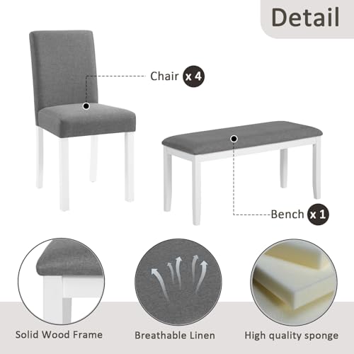 Image of KEIKI 6-Piece Standard Height Dining Table Set with Rectangular Table, 4 Upholstered Curved Backrset Chair, Bench, for 6 Person, Modern Table Set, Easy Assembly, for Kitchen, Dining Room, White+Gray