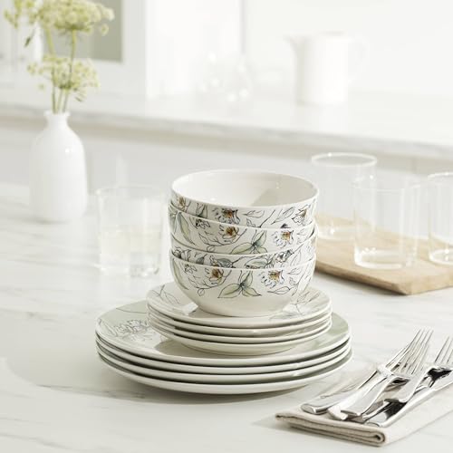 Oneida Dinnerware Set, Botanica 12-Piece Dinnerware Set, Service For 4, Porcelain Material, Dishwasher And Microwave Safe, Bowls, Plates And Bowls, Dinner Dishes, Plates, Home (Green, 12 Piece) by Oneida - Image 6