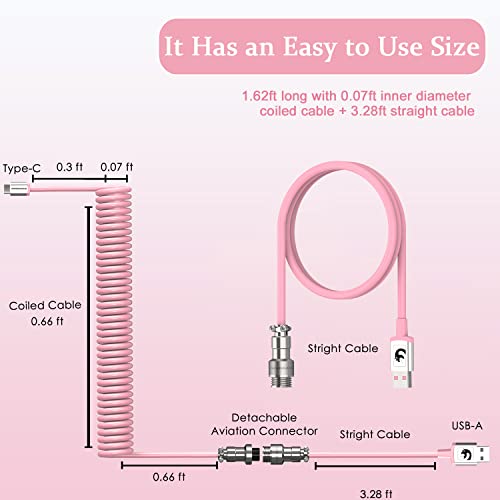 MAMBASNAKE C01 Opgerolde Toetsenbord Kabel, Pro Custom USB-C Aviator Cable voor Mechanisch Toetsenbord, Type-C to USB-A, TPU Coiled Cable met Metalen Luchtvaart Connector voor Gaming Keyboard-Roze - Afbeelding 7