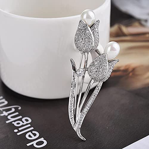 Broche en forme de fleur de tulipe argentée avec perle et strass de fête