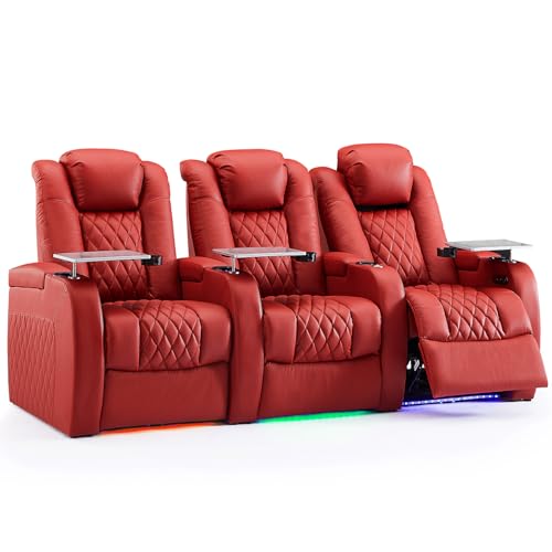 Image of Weilianda Home Theater Seating, Top Grain Leather Movie Theater Chair | Red Row of 3, Zero Gravity, Power Headrest, Tray Table, Electric Reclining Seat for Media Room