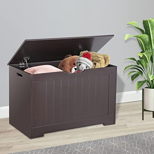 Homgarden 30 Inches Modern Wooden Toy Box Storage Chest Bench Trunk With Flip Top Lid And 2 Safety Hinge, 100L Decorative Toys Bench Box For Girls Boys Kids Playroom Bedroom Living Room (Brown) #TOP1