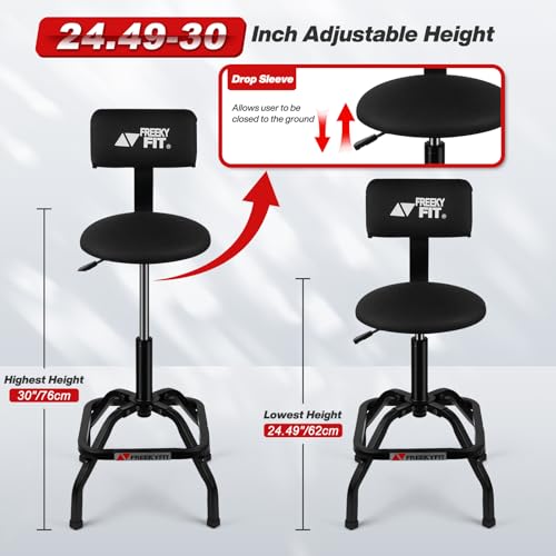 Image of Shop Stool with Backrest, Mechanic Garage Stool for Workshop, Adjustable Shop Stools Chair, Padded Workbench Stools for Men Women, 300 LBS Capacity, 360 Swivel PVC Seat, Heavy Duty, Black