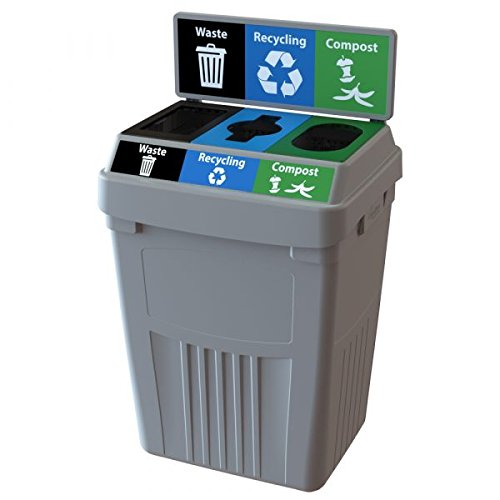 CleanRiver Flex E Bin - 50 Gallons | 3-in-1 Streams | Waste, Recycling, & Compost Basket with Backboard | Grey Color