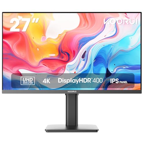 KOORUI 27 inch 4K Computer Monitor, UHD (3840 x 2160) IPS, HDR400, DCI-P3 95%, 1.07 Billion Colors, USB-C, HDMI, DisplayPort, Tilt Pivot Vertical Height Adjustable, VESA Compatible, Black, 27N7U