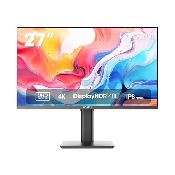 KOORUI 27 inch 4K Computer Monitor, UHD (3840 x 2160) IPS, HDR400, DCI-P3 95%, 1.07 Billion Colors, USB-C, HDMI, DisplayPort, Tilt Pivot Vertical Height Adjustable, VESA Compatible, Black, 27N7U