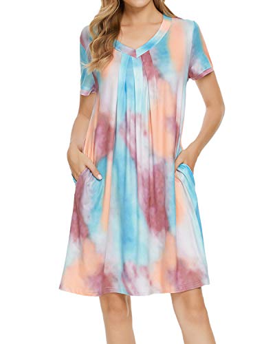 MINTLIMIT Women's Cotton Nightgown Sleepwear Short Sleeves Shirt Casual Print Sleepdress with Pockets (Tie Dye #3,Size M)