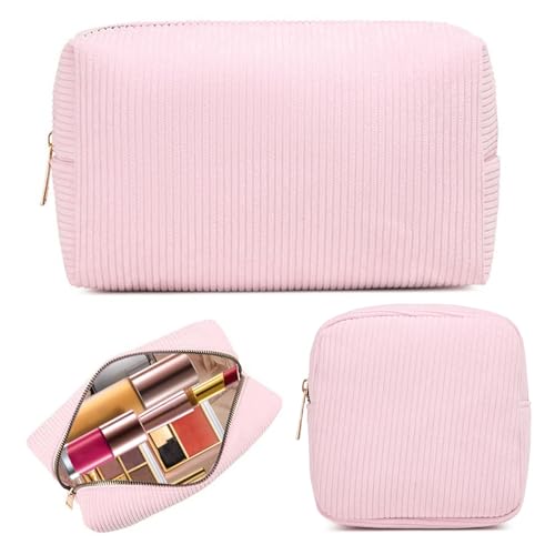 Make up Tasche, 2 Stück Kosmetiktasche, Cord Schminktasche, Kleine Kosmetiktasche, Reise Kosmetiktaschen mit Metall Reißverschluss für Handtasche(Rosa)