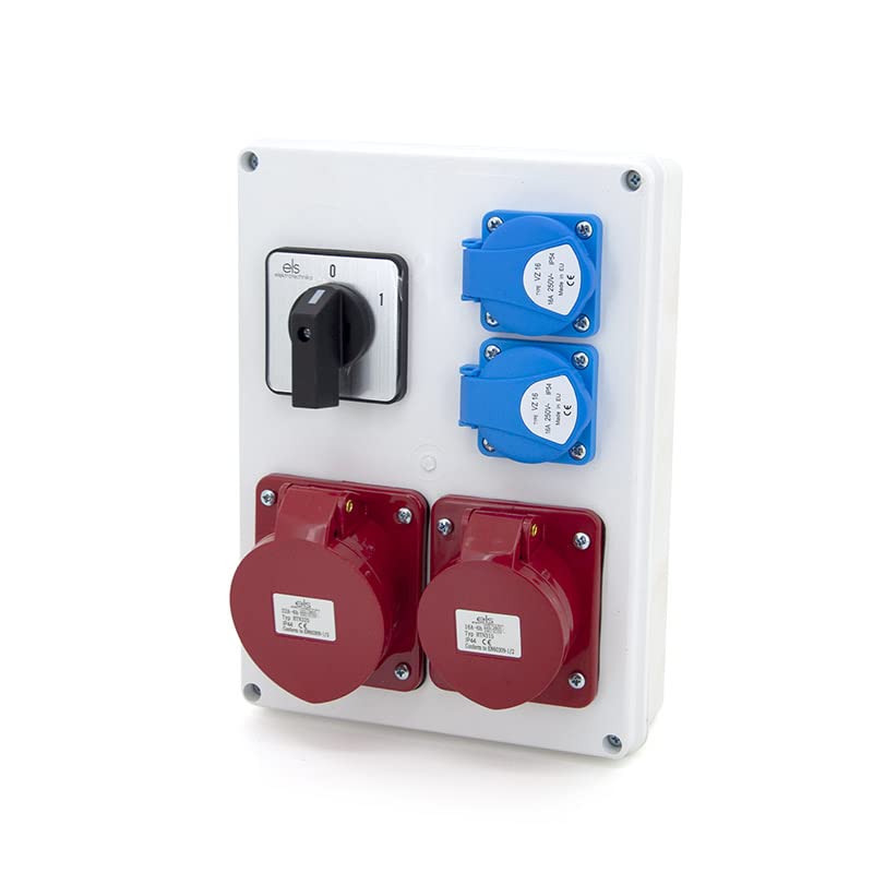 ELS Elektrotechnika Caja de distribución de corriente con 2 enchufes Schuko de 230 V + 1 x CEE 16 A + 1 x CEE 32 A + interruptor 0-1, cableado, listo para conectar, para obras y fábricas