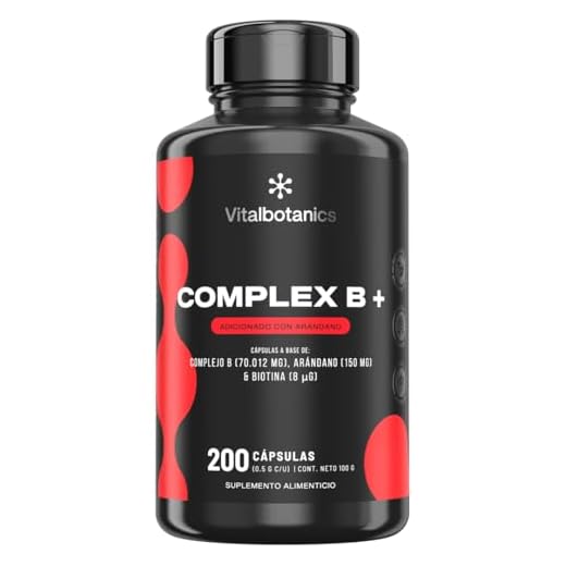 Complejo B con Vitaminas B1, B2, B3, B5, B6, B12, Biotina y Arándano. Con 200 capsulas de 500mg (Más de 6 meses). VitalBotanics. Suplemento Multivitamínico con Vitaminas. Libre de Gluten y Aditivos.