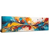 Colorful Abstract Wall Art Teal Blue Orange Yellow Canvas Pictures Watercolor Fluid Textured Painting Graffiti Wall Decor Modern Fantasy Contemporary Artwork for Living Room Bedroom Decorations 14x48'