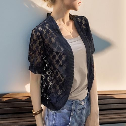 Image of FindThy Women's Cropped Bolero Shrugs Short Sleeve Open Front Floral Lace Hollow Out Cardigan Jacket