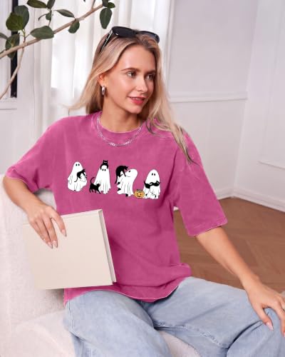 Aiyino Womens Halloween Ghost Cat Vintage Washed Graphic Tee Pink L - image 6