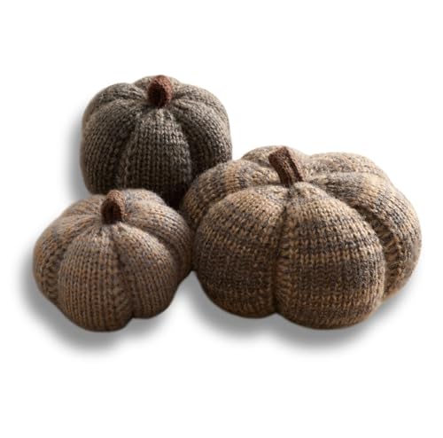 Image of Set of 3 Cozy Mini Knit Pumpkins (Cobblestone Multi-Size Set) | Autumn Bowl Filler, Rustic Farmhouse Table Decor, Multi-size Set, Fall Decor