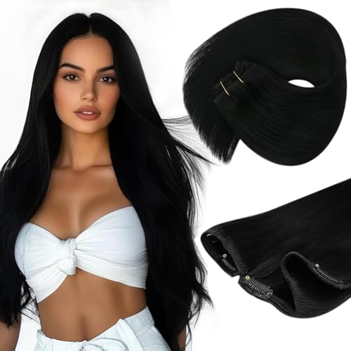 Image of Sunny Hair Clip in Hair Extensions Real Human Hair Jet Black 12 Inch 85g | Remy Human Hair Clip in Extensions for Women Light Volume Natural Look, Short-Length Enhancement for Subtle Everyday Wear