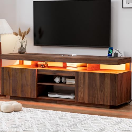 HOMMPA Modern LED TV Stand Walnut with Power Outlet