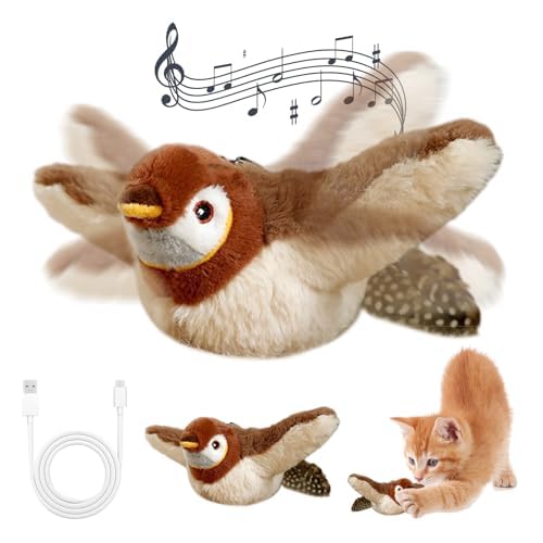 Cat Toys Flapping Wings Sparrow No Flying Chirping Bird Interactive Catnip Toy for Kitten or Small Dogs Touch Activated Rechargeable