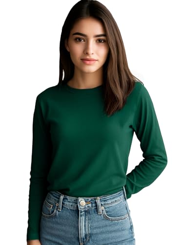 Image of JUNEBERRY Pure Cotton Round Neck Regular Fit Core Fashion Solid Full Sleeve T-Shirt for Women & Girls (Colors: Black, Cork, Green, Navy, Swanwhite & White)