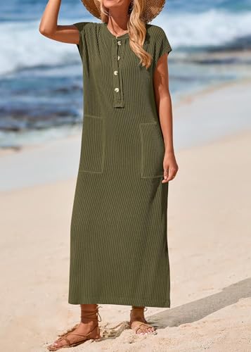 Image of KIRUNDO Womens Summer Ribbed Knit Short Sleeve Maxi Dress | 2026 Spring Henley Button Up Knitted Tshirt Dress, Loose Beach Vacation Sundress, Teacher Dress, Loose Fit Nursing Friendly