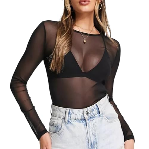 TUONYIS Mujer Camiseta Transparente Top Sexy Manga Larga Top De Malla para Mujer Camiseta de Malla Blusa Negra Elegante Mesh Clubwear (FR/ES Letras, Talla única, Negra)