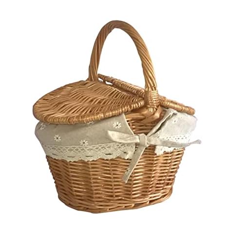 Rattan Picnic Basket with Blanket,Handmade Woven Rattan Picnic Basket | Handmade Woven Picnic Hamper with Handle and Double Lids, Rattan Picnic Basket for Outdoor Camping Party with Removable Libetter Cover