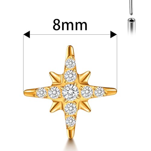 1PC ASTM F136 Titanium Threadless Super Stars CZ Tops Piercing studs for Conch,Tragus,Helix,Lobe Come With 4PCS Different Lengths Post F136 Titanium 16G 18G 20G Flatback earring nose Jewelry Gold Silver2