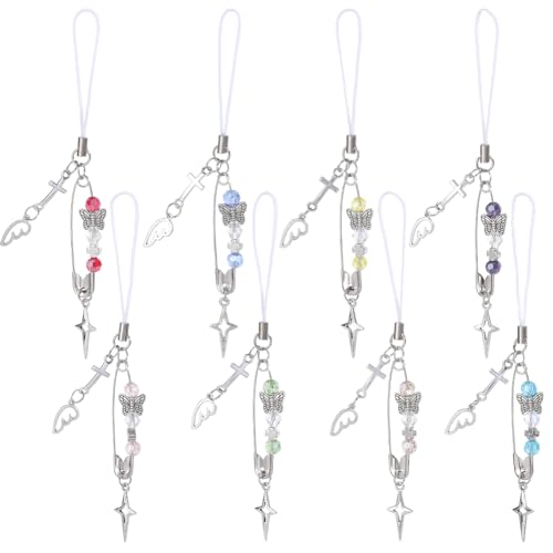 SUNNYCLUE 1 Box 8Pcs Cross Phone Charm Cellphone Charms Dangle Bulk Silver Pin Bows Crucifix Gothic Strap Aesthetic Lanyard for Mobile Phone Diy Bags Wallet Keychains Crafts Supplies Women