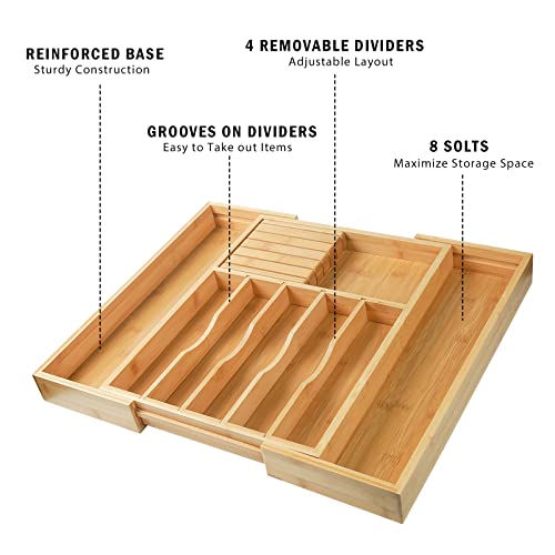 Expandable Bamboo Kitchen Drawer Organizer, Wencrfat Silverware Drawer Organizer With Removable Knife Block And Dividers, Flatware Utensil Cutlery Organizer For Drawer Tray(6-8 Slots) #TOP3