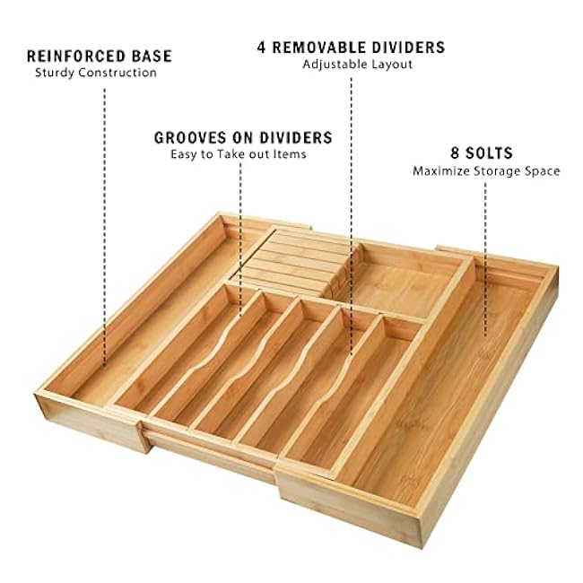 Wencrfat Silverware Drawer Organizer with Removable Knife Block and Dividers, Expandable Bamboo Kitchen Drawer Organizer, Flatware Utensil Cutlery Organizer for Drawer 8 Compartments