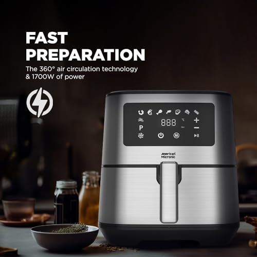 Image of AMERICAN MICRONIC 6.5 L Digital Air Fryer | 1700W TurboTunnel Fresh Air Technology | 200 C Max Temp | 60-Min Timer | 8 One-Touch Preset Menus | Healthy Oil-Free Cooking