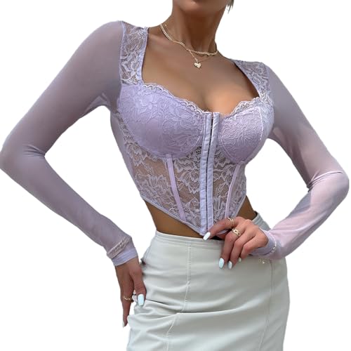 Sthxyfaith Women Mesh Top Lace Crop Top Long Sleeve Sheer Blouse Y3K Mesh Shirts Sexy Going Out Tops Purple Lilac X-Small