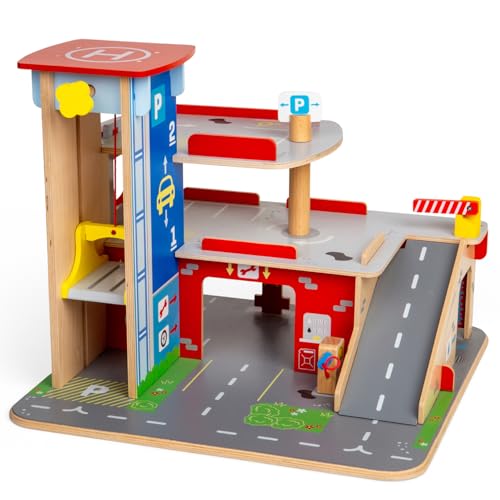 Bigjigs Toys Wooden Park & Play Garage Set | Kids Car Accessories & Road Playset | Features Multistory Ramps & Wood Parking Spaces | Toddler Gifts for 3+ Year Old | Childrens Montessori Learning Tool